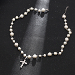 304 Stainless Steel Cross Pendant Necklace, Imitation Pearl Chain Necklaces for Unisex(MX5756)