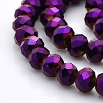 Full Plated Faceted Rondelle Glass Beads Strands, Purple Plated, 10x8mm, Hole: 1mm, about 62pcs/strand, 19 inch(GLAA-A024F-FP03)