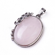 Natural Rose Quartz Pendants, with Brass Findings, Oval with Flower, Antique Silver, 35x26.5x9mm, Hole: 7x5mm(G-I220-A06)