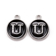 Platinum Plated Alloy Charms, Cadmium Free & Lead Free, with Enamel, Enamelled Sequins, Flat Round with Letter, Letter.U, 14x12x2mm, Hole: 1.5mm(ENAM-S118-02U-P)