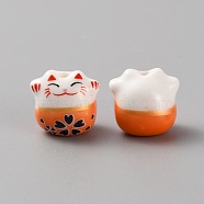 Handmade Porcelain Beads, Famille Rose Porcelain, for DIY Accessories, Fortune Cat, Dark Orange, 13x14x11mm, Hole: 2mm(PORC-WH0006-02E)