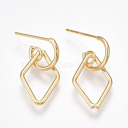 Brass Stud Earrings, Half Hoop Earrings, Rhombus, Nickel Free, Real 18K Gold Plated, 22.5x11mm, Pin: 0.8mm, Rhombus: 16.5x11x1mm(KK-T038-320G)