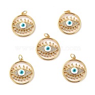 Brass Micro Pave Cubic Zirconia Pendants, with Enamel, Long-Lasting Plated, Cadmium Free & Lead Free, Real 18K Gold Plated, Flat Round with Evil Eye, White, 22x20x3mm, Hole: 3.6mm(ZIRC-P092-028G-03-RS)