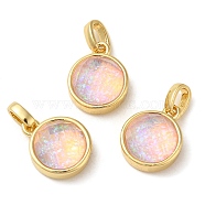 Rack Plating Brass with Synthetic Opal Pendants, Flat Round, Pink, 14.5x11.5x6.5mm, Hole: 5mm(KK-S370-06G-01)