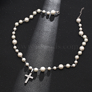 Stainless Steel Cross Pendant Necklace, Imitation Pearl Chain Necklaces for Unisex(MX5756)