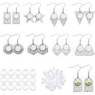 16Pcs 8 Style 304 Stainless Steel Earring Hooks, with Flat Round Settings & 50Pcs Plastic Ear Nuts & 16Pcs Glass Cabochons, Hexagon & Triangle & Rectangle & Star & Rhombus, Stainless Steel Color, Tray: 12mm, 39.5~47mm, 20 Gauge, Pin: 0.8mm, 2Pcs/style(STAS-CA0001-84)