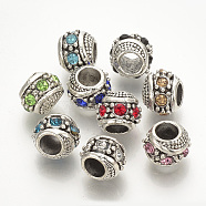 Alloy Rhinestone European Beads, Large Hole Beads, Rondelle, Antique Silver, Mixed Color, 12x11x9mm, Hole: 5mm(MPDL-Q208-075)