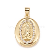 Brass Micro Pave Cubic Zirconia Locket Pendants, Photo Frame Charms for Necklaces, Real 18K Gold Plated, Lead Free & Cadmium Free, Oval with Saint, Clear, 22.5x17x5mm, Hole: 4x3mm, Inner Diameter: 15x12mm(KK-A161-49G)