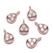 Brass Charms, with Cubic Zirconia, Cadmium Free & Nickel Free & Lead Free, Teardrop, Clear, Real Rose Gold Plated, 13x8x3mm, Hole: 1.5mm(ZIRC-J040-34RG-01-NR)
