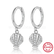 Rhodium Plated 925 Sterling Silver Micro Pave Cubic Zirconia Dangle Hoop Earrings, Shell Shape, with S925 Stamp, Platinum, 21mm(HH2530-2)