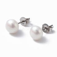 Natural Pearl Ear Studs, 304 Stainless Steel Pin Ear Stud for Women, Round, WhiteSmoke, 16.5~17x7mm, Pin: 0.7mm(EJEW-P223-01C-P03)