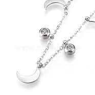 304 Stainless Steel Pendant Necklaces, with Clear Cubic Zirconia, Cable Chains and Round Beads, Moon, Stainless Steel Color, 16.42 inch(41.7cm)(NJEW-K120-02P)