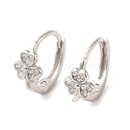 Rhodium Plated Sterling Silver Hoop Earrings with Rhinestone, Clover, with S925 Stamp, Platinum, 12.5x6.5mm(EJEW-D106-05P)
