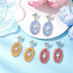 3 Pairs Cross Oval Glass Seed Bead Woven Stud Earrings, with Non-Tarnish 304 Stainless Steel Dangle Earrings, Mixed Color, 57x25mm(EJEW-MZ00595)