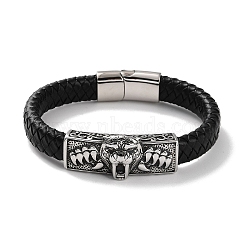 Men's Braided Black PU Leather Cord Bracelets, Tiger 304 Stainless Steel Link Bracelets with Magnetic Clasps, Antique Silver, 8-5/8 inch(22cm)(BJEW-K243-33AS)