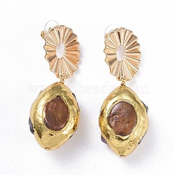 Brass Dangle Stud Earrings, with Natural Dyed Quartz Beads and Ear Nuts, Oval, Golden, 53mm, Pin: 0.8mm(EJEW-E249-29A)