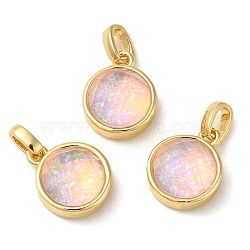 Rack Plating Brass with Synthetic Opal Pendants, Flat Round, Pink, 14.5x11.5x6.5mm, Hole: 5mm(KK-S370-06G-01)