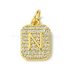 Rack Plating Brass Micro Pave Clear Cubic Zirconia Charms, Long-Lasting Plated, Lead Free & Cadmium Free, Rectangle with Letter Pattern, with Jump Ring, Real 18K Gold Plated, Letter N, 14x9.5x2mm, Hole: 3mm(KK-G501-01N-G)