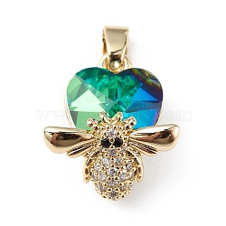 Real 18K Gold Plated Rack Plating Brass Micro Pave Clear Cubic Zirconia Pendants, with Glass, Long-Lasting Plated, Cadmium Free & Lead Free, Bee with Heart Charm, Medium Sea Green, 19x16x10mm, Hole: 3.5x5mm(KK-C015-32G-02)