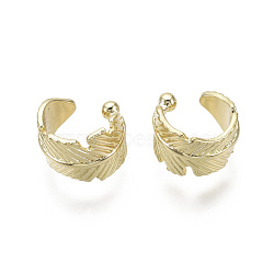 Brass Cuff Earrings, Feather,  Nickel Free, Real 18K Gold Plated, 8.5x9mm(EJEW-R114-018-NF)