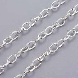 Iron Cable Chains, Textured, Unwelded, with Spool, Flat Oval, Silver Color Plated, 7x4.5x1mm(X-CHT008Y-S)