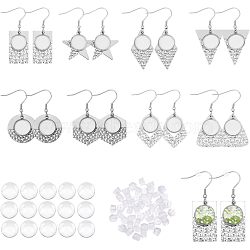 16Pcs 8 Style 304 Stainless Steel Earring Hooks, with Flat Round Settings & 50Pcs Plastic Ear Nuts & 16Pcs Glass Cabochons, Hexagon & Triangle & Rectangle & Star & Rhombus, Stainless Steel Color, Tray: 12mm, 39.5~47mm, 20 Gauge, Pin: 0.8mm, 2Pcs/style(STAS-CA0001-84)