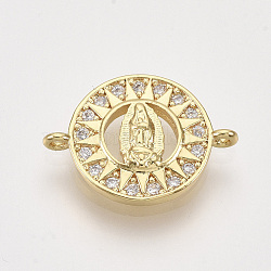 Brass Micro Pave Cubic Zirconia Links, Flat Round with Virgin Mary, Clear, Golden, 13x18.5x2.5mm, Hole: 1mm(ZIRC-T006-57G)