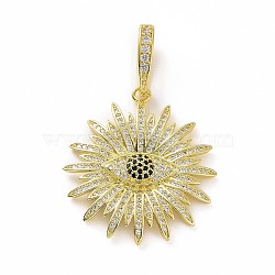 Brass Micro Pave Cubic Zirconia Pendants, Real 18K Gold Plated, Flower with Eye Charms, Clear, 35.5x32x5mm, Hole: 12x4.5mm(KK-E068-VF006)
