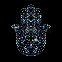 Hamsa Hand Glass Hotfix Rhinestone, Iron on Appliques, Costume Accessories, for Clothes, Bags, Pants, Deep Sky Blue, 297x210mm(DIY-WH0303-093)
