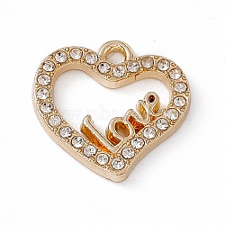 Alloy Rhinestone Pendants, Heart with Word Love Charm, Golden, Crystal, 14.5x14.5x2.5mm, Hole: 1.6mm(PALLOY-P287-02LG-02)