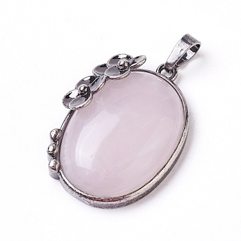 Natural Rose Quartz Pendants, with Brass Findings, Oval with Flower, Antique Silver, 35x26.5x9mm, Hole: 7x5mm