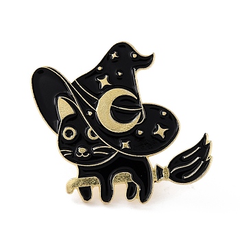 Witch Cat Enamel Pin, Cute Alloy Enamel Brooch for Backpacks Clothes, Light Gold, Black, 29.5x30x9.5mm