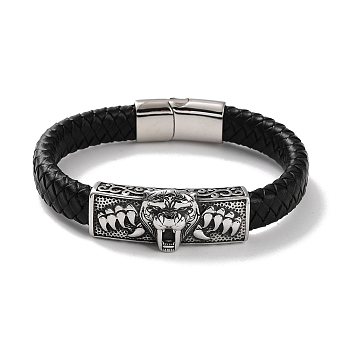 Men's Braided Black PU Leather Cord Bracelets, Tiger 304 Stainless Steel Link Bracelets with Magnetic Clasps, Antique Silver, 8-5/8 inch(22cm)