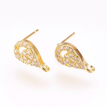 Brass Micro Pave Cubic Zirconia Stud Earring Findings, with Loop, Lead Free & Cadmium Free, Teardrop, Clear, Golden, 11.5x6x2.5mm, Hole: 1mm, Pin:0.6mm