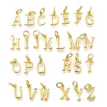 26Pcs Brass Charms, Cadmium Free & Nickel Free & Lead Free, Letter A~Z, with Jump Ring, Real 18K Gold Plated, 13~14x3~7.5x1.5mm, Hole: 2.5mm