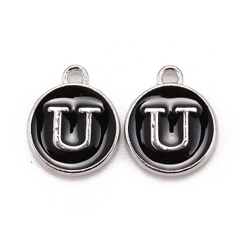 Platinum Plated Alloy Charms, Cadmium Free & Lead Free, with Enamel, Enamelled Sequins, Flat Round with Letter, Letter.U, 14x12x2mm, Hole: 1.5mm