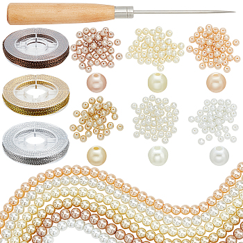 Elite DIY Imitation Pearl Bracelet Necklace Making Kit, Including Glass Beads, Cord Wire, Awl Pricker, Mixed Color, Beads: 300Pcs/box