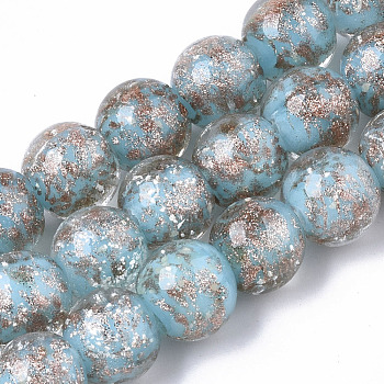 Handmade Gold Sand Lampwork Beads Strands, Luminous, Round, Pale Turquoise, 11.5~12.5x11~12mm, Hole: 1mm, about 45pcs/Strand, 19.69 inch