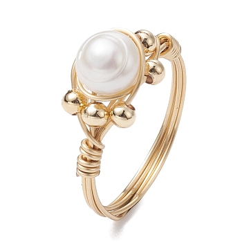 Natural Pearl Round Braided Bead Style Rings, Brass Wire Wrap Finger Ring, Golden, US Size 7 3/4(17.9mm)
