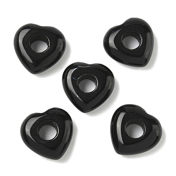 Natural Black Obsidian European Beads, Heart Large Hole Beads, 15x15~15.5x4.5~5mm, Hole: 6mm