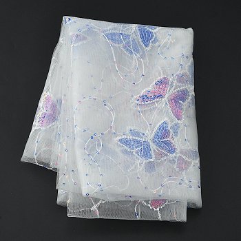 Butterfly Pattern Polyester Mesh Tulle Fabric, Garment Accessories, with Paillette, White, 130~150x0.02cm