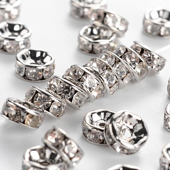 Middle East Rhinestone Spacer beads, Clear, Brass, Platinum Metal Color, Nickel Free, Size: about 6mm in diameter, 3mm thick, hole: 1mm