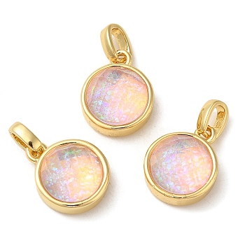 Rack Plating Brass with Synthetic Opal Pendants, Flat Round, Pink, 14.5x11.5x6.5mm, Hole: 5mm