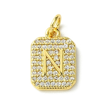 Rack Plating Brass Micro Pave Clear Cubic Zirconia Charms, Long-Lasting Plated, Lead Free & Cadmium Free, Rectangle with Letter Pattern, with Jump Ring, Real 18K Gold Plated, Letter N, 14x9.5x2mm, Hole: 3mm