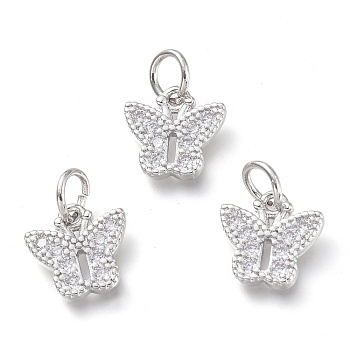 Brass Micro Pave Clear Cubic Zirconia Pendants, with Jump Rings, Butterfly, Real Platinum Plated, 10x10x1.5mm, Hole: 3.5mm