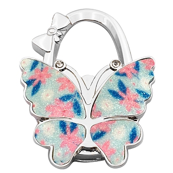 Glitter Butterfly Zinc Alloy Crystal Rhinestone Bag Hanger, Foldable Purse Hooks with Leather, Light Cyan, 70x49x10mm