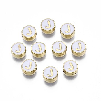 Alloy Enamel Beads, Cadmium Free & Lead Free, Light Gold, Flat Round with Alphabet, White, Letter.J, 8x4mm, Hole: 1.5mm
