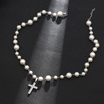 Stainless Steel Cross Pendant Necklace, Imitation Pearl Chain Necklaces for Unisex