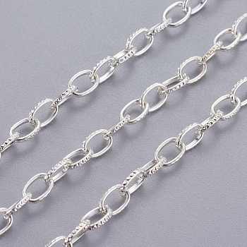 Iron Cable Chains, Textured, Unwelded, with Spool, Flat Oval, Silver Color Plated, 7x4.5x1mm