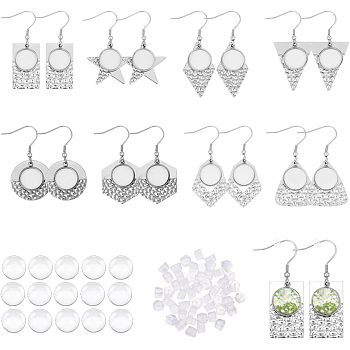 16Pcs 8 Style 304 Stainless Steel Earring Hooks, with Flat Round Settings & 50Pcs Plastic Ear Nuts & 16Pcs Glass Cabochons, Hexagon & Triangle & Rectangle & Star & Rhombus, Stainless Steel Color, Tray: 12mm, 39.5~47mm, 20 Gauge, Pin: 0.8mm, 2Pcs/style